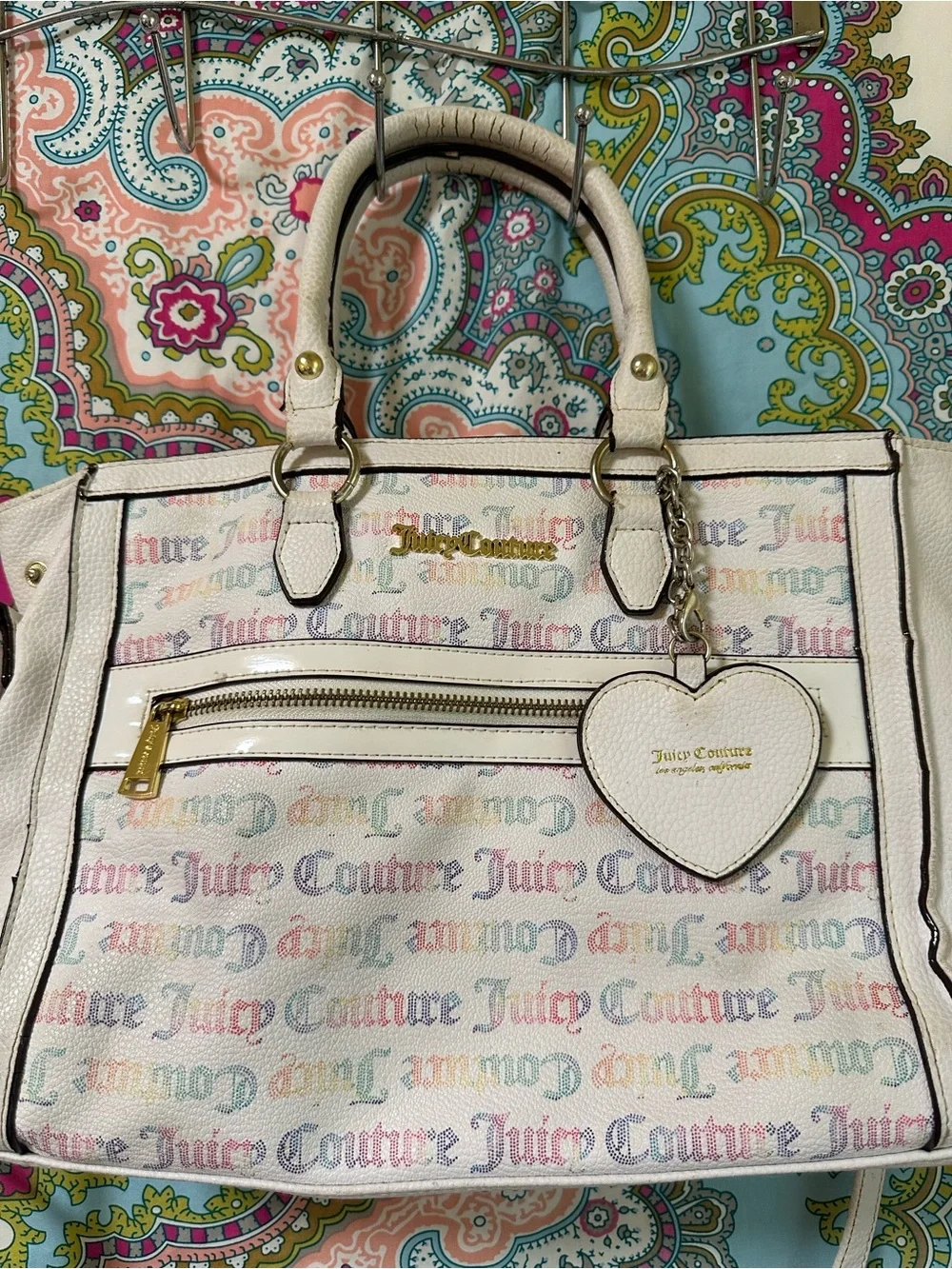 Juicy Couture White Multicolor Logo Satchel with Heart Charm